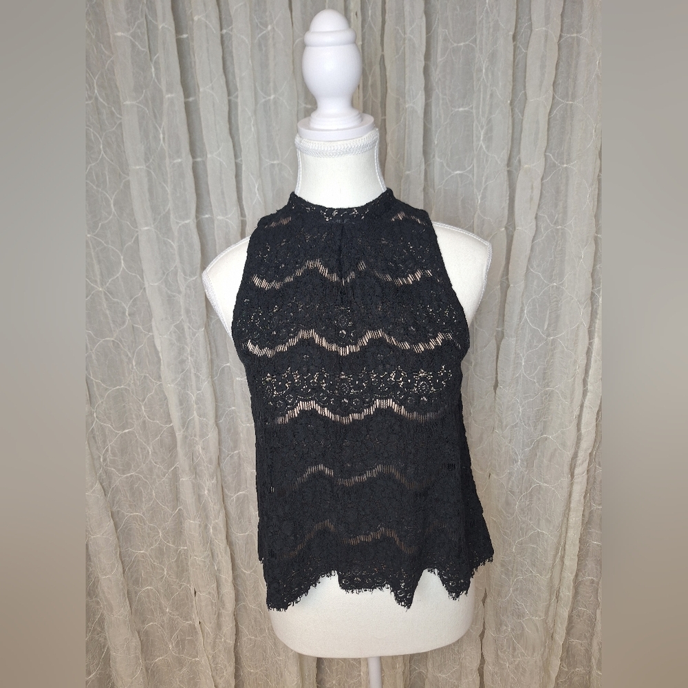 love, Fire Black Lace High Neck Scallop Lined Tank Keyhole Back High Low Top S